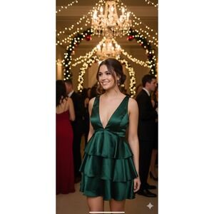 Lulu's Tiers of Joy Emerald Green Satin Tie Back Tiered Mini Dress Womens Medium